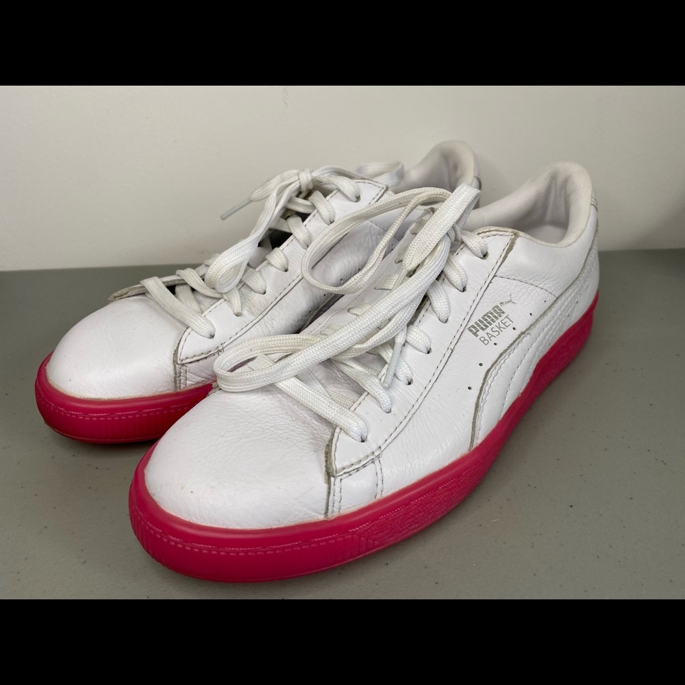 PUMA Basket Classic Mono Iced Sneakers, 363539-01, White/Pink Youth 6c Women 8n